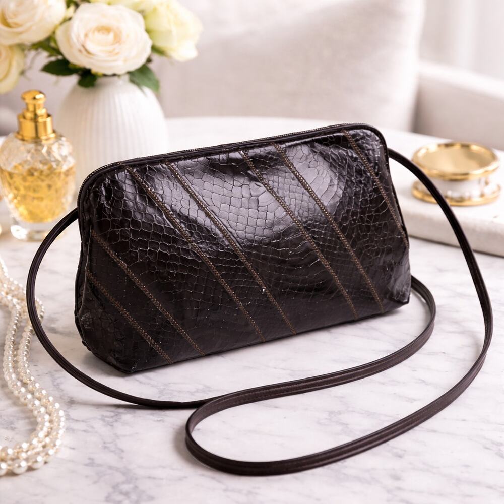 Vintage Bags by Varon Snakeskin Purse Shoulder Bag Clutch Exotic Black Purple
